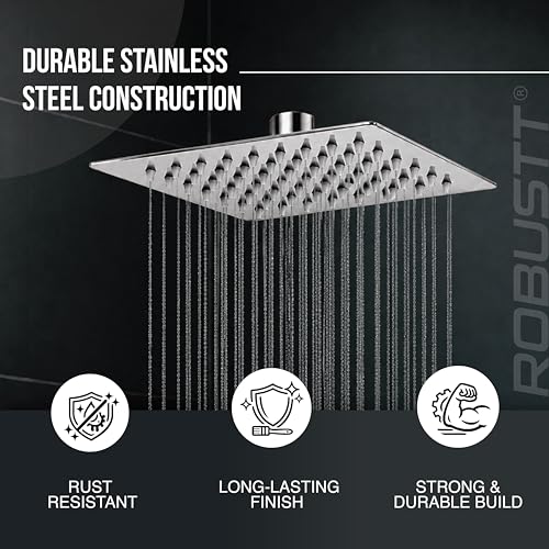 Image of Robustt High Pressure Shower Head for Bathroom Overhead with 64 Anti Clog Silicone Nozzles | 6x6in Square Bathroom Shower Head, 360 Swivel, Easy Clean, Rust Resistant Chrome Finish