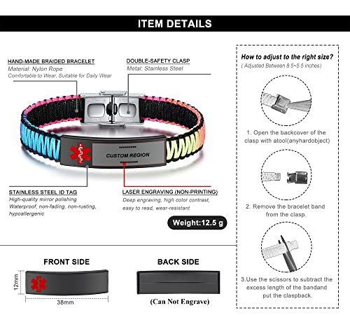 Jf.jewelry Type 2 Diabetes Medical Id Bracelet For Women | Customized Black And Rainbow Nylon Braided Medical Alert Emergency Bracelet For Girls (Bz-Yx011Br-T2) #TOP3
