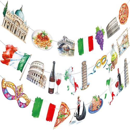 Italy Party Banners 3PCS Italian Themed Party Decorations Roman Colosseum Pizza Cutout Banner Italian Birthday Decor for Italy Buon Compleanno Party Supplies