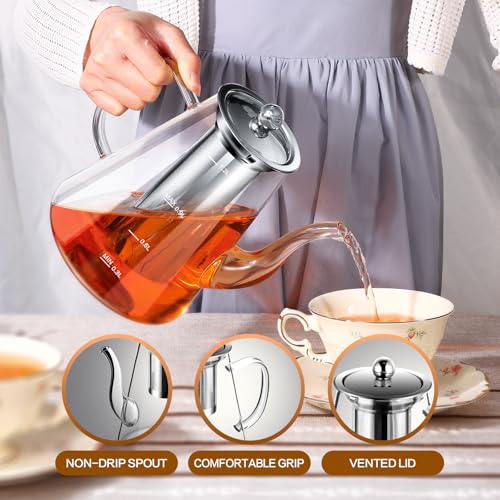 Image of Glass Teapot, 1200ml (40oz) Tea Pot with Infuser for Loose Tea and Blooming Tea, Stovetop Safe Tea Kettle, Hand Crafted Borosilicate Glass Tea Maker with Scale Line, Tea Gift Set for Tea Lovers