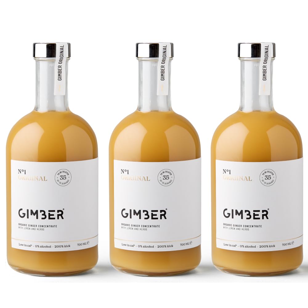 GIMBER Concentrado de jengibre orgánico 3 x 700ml (2,1L) | Bebida orgánica sin alcohol hecha de jengibre, limón y hierbas