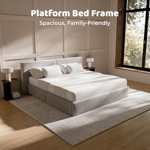 Image of RECCI King Platform Bed Frame with Plush Upholstered Headboard 6-Inch, Easy Assembly, Noise-Free Stability (Dove Gray, King (U.S. Standard))