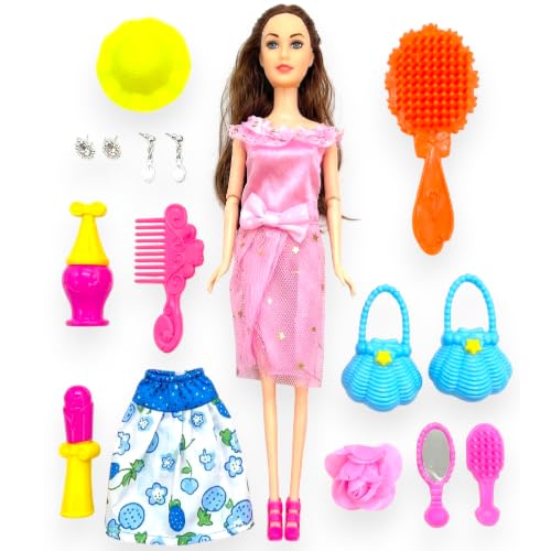 Image of SHAKTISM Doll Set for Girls with Makeup, Dress, Accessories, Wardrobe Closet, Hangers, Necklace, Multicolor, 3 Years and Up (Hello Sweety Doll (Bag)