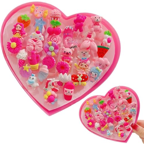 Image of Adjustable Rings Set for Kids | 36 Pcs Jewelry Rings with Heart Shape Box, Birthday Gift