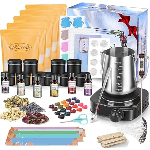 Complete Candle Making Kit with Wax Melter, Making Supplies,DIY Arts&Crafts Gift for Kids,Beginners,Adults,Including 500w Electronic Stove,Wicks,Rich Scents,Dyes,Melting Pot,Candle tins Cover