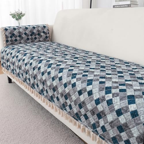 Image of Story@Home Quilted Anti Slip Sofa Cover Mat with 2 Armrest Cover, 3 Seater Velvet Sofa Protector with Tassels | Sofa Cover Mat for 1 /2 /3 Seater & L-Shape Sofa - 76 x 178 Cm - Grey & Cyan