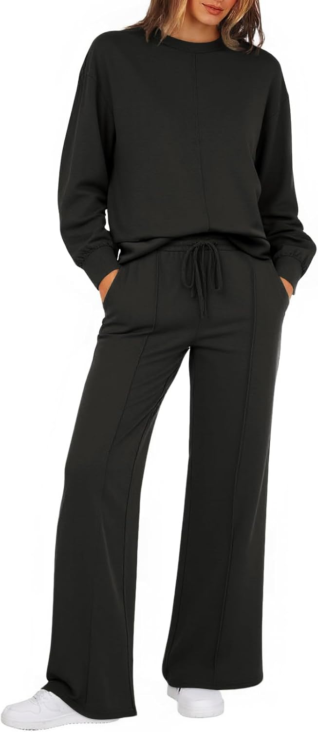 Yousify Women's 2 Piece Lounge Sets Casual Long Sleeve Tops Wide Leg Pants Loose Tracksuit Fall Travel Outfits