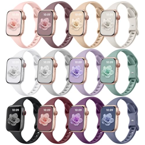 Lerobo 12 Pack Slim Thin Bands Compatible with Apple Watch 38mm 40mm 41mm 42mm 44mm 45mm 46mm 49mm Women Men, Soft Silicone Strap Wristband for iWatch Series 11/10/9/8/7/SE/6/5/4/3/2/1/Ultra