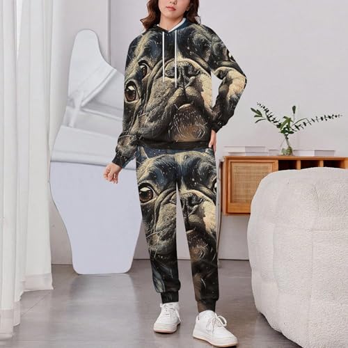 Boy's Girl's 2 Piece Outfits Graphic Sweatshirt Kid Long Sleeve Hoodie Set, French Bulldog Galaxy Universe2