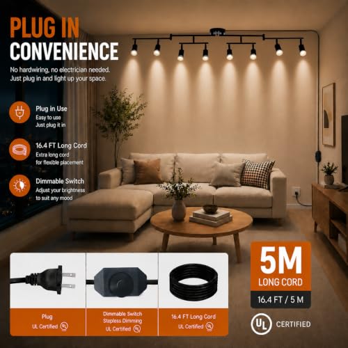 Image of Dimmable Plug in Track Lighting,Plug in Ceiling Light Fixture,Black 8 Light Track Light with 16.4' Long Cord,Dimming Switch,8 Way Ceiling Spotlight,Rotatable,LED Bulbs Included