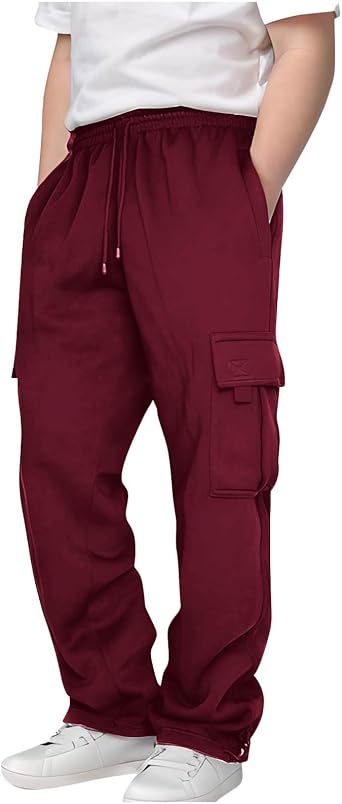 Boys Sweatpants Baggy Comfy Multi Pockets Straight Leg Cargo Pants High Waist Drawstring Athletic Jogger Trousers