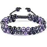 Triple Protection Bracelet for Women, Genuine Healing Crystal Bracelet Amethyst Black Obsidian Hematite 6mm, Pyramid Energy Crystal Beads Bracelet for Protection and Balance