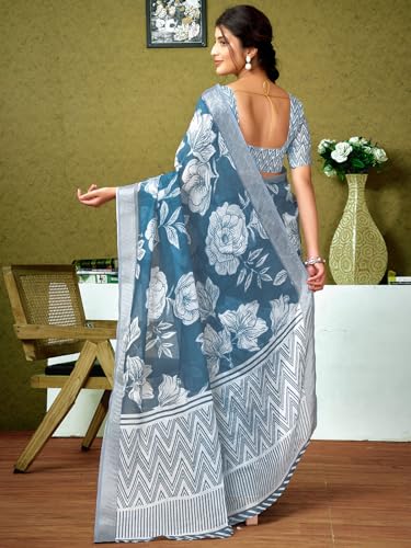 Image of Satrani Women's Linen Printed & Zari Border Ready To Wear One Minute Pre Pleated Readymade Saree with Unstitched Blouse Piece
