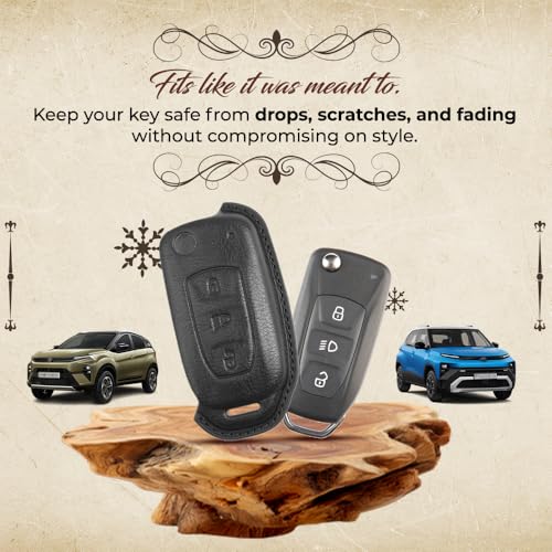 Image of keyzone dual leather key cover for Tata Curvv, Nexon, Harrier, Altroz, Punch, Safari, Tigor, Tiago, Zest, Bolt 3 button flip key