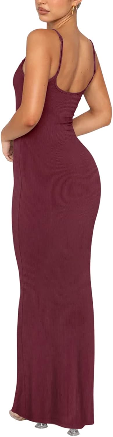 REORIA Women's Basic Sexy Lounge Slip Long Dress Elegant Sleeveless Backless Ribbed Bodycon Maxi Dresses - Image 4