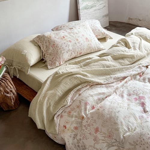 Image of VM VOUGEMARKET Cottagecore Wildflower Duvet Cover Set Twin,Luxury Crinkled Double Layer Cotton Bedding Bedding Set,Lightweight Breathable Floral Comforter Cover for Girls Women