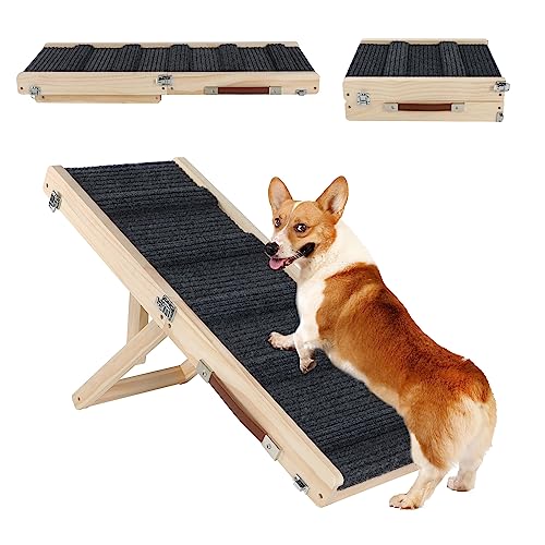 Sbayool Hunderampe für Kleine Hunde und älteren, Katzen Rampe Hundetreppe 4 Höhenverstellbare von 25CM bis 48CM mit Rutschfester Trittmatte, Hölzerne Haustierrampe Klappbar für Bett Oder Sofa