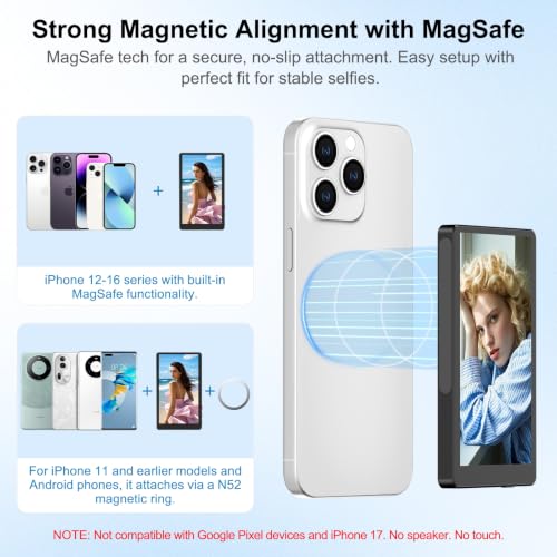Image of 4 inch Back Camera Monitor for iPhone 7-16, Magnetic Vlog Selfie Monitor Screen Phone, 1080P Wireless Screen Mirroring, Back Camera Selfie Monitor for Vlog YouTube TikTok, Snaplylens for iPhone,Android