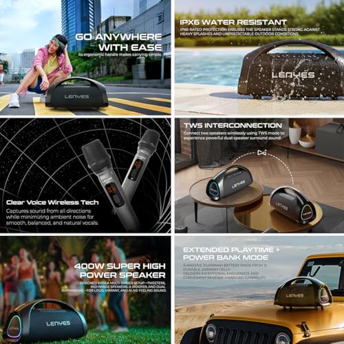 Image of Lenyes S873 Bluetooth Karaoke Party Speaker, 400W Peak Power, 2 Wireless UHF Mics, 30000mAh Battery, 60W Fast Charging, IPX6 Waterproof, TWS, RGB Lights, Guitar Input, Lenyes Audio App Control (Black)