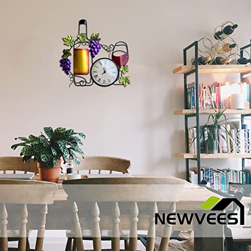 Newvees Metal Wine Wall Clock For Kitchen, Large 16 Inch Wine Metal Wall Art Decor, Decorative Wall Clock With Wine Bottle Wine Glass Fake Grape, Battery Operated For Home Living Room Dining Room #TOP4