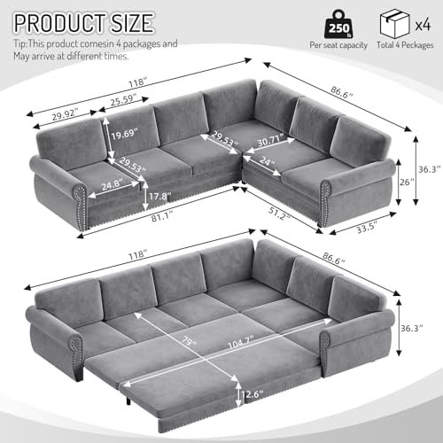 Image of KEIKI 118 inch Convertible Sofa Bed L-Shaped Sectional, King Sleeper Bed Sofa with Rolled Arm and Nailhead Trim, Chenille Upholstered Chesterfield Sofa, Light Gray