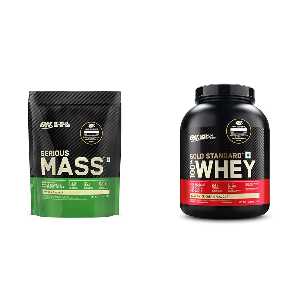 Optimum Nutrition (ON) Serious Mass High Protein High Calorie Weight Gainer Powder - 1 kg (Vanilla | Optimum Nutrition (ON) Gold Standard 100% Whey Protein Powder 5 lbs, 2.27 g (Vanilla Ice Cream), f-image-15