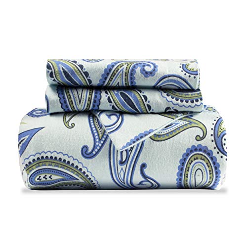 Superior Premium Cotton Flannel Duvet Cover Set, All Season 100% Brushed Cotton Flannel Bedding, 2-Piece Set with Duvet Cover and Pillow Sham - Light Blue Paisley, Twin
