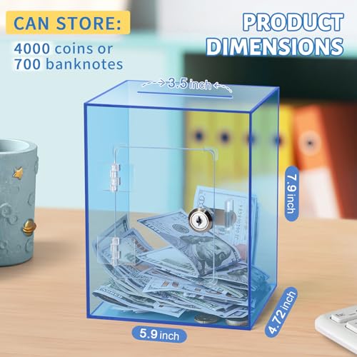 Image of Clear Piggy Bank for Adults Kids, Large Acrylic Piggy Bank Money Saving Box for Cash Saving with Key, Openable Clear Acrylic Savings Jar for Real Money (Blue)