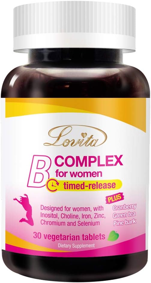 LOVITA High Potent Vitamin B Complex for Women, Timed Release, All B Vitamins with Iron, Vitamin C, Cranberry, Pine Bark, Green Tea for Energy, 30 Vegetarian Tablets (Pack of 3)