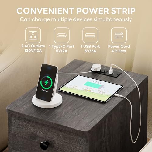 Image of LIKIMIO Nightstand with Charging Station, Narrow Bedside Table with 3 Drawers, End Table with USB Ports and Outlets, Side Table for Living Room /Bedroom Modern, Charcoal Grey