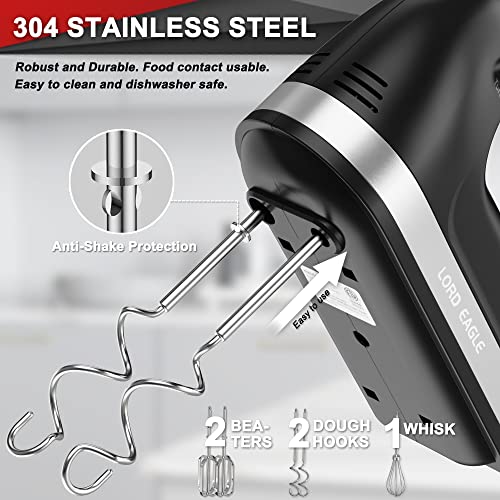 Image of Lord Eagle Hand Mixer Electric Handheld 400W, 5-Speed Lightweight Kitchen Mixer with Storage Case, 5 Stainless Steel Attachments for Baking Cake Egg Cream Food Beater, Turbo+Eject Button, Black