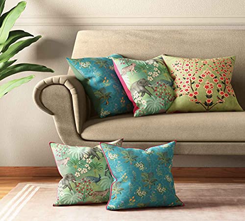 Image of India Circus by Krsnaa Mehta Bougainvillea Delights Multicolor Satin Blend Cushion Pillow Covers Set of 5 (16 X 16 Inches)