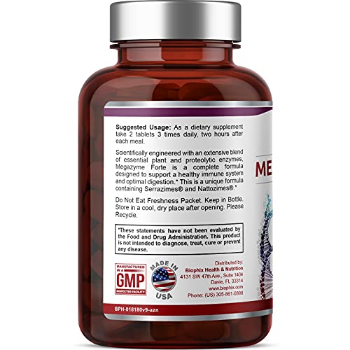 Biophix Megazyme Forte 200 Tablets - Natural Plant Proteolytic Enzymes Nattozimes Serrazimes Supports Digestive System Immune Health #TOP1