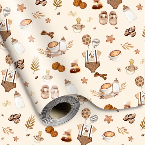 JarThenaAMCS Coffee Baby Shower Wrapping Paper - Mini Roll - 17 In x 32.8 Ft Brown A Baby Is Brewing Gift Wrap Paper for Newborn Party Gender Reveal DIY Craft Supplies