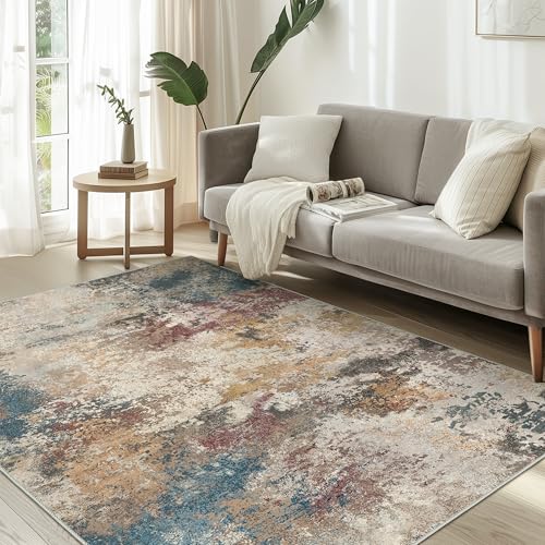 Area Rugs 9x12 Machine Washable Area Rugs for Living Room Bedroom Dining Room, Large Modern Abstract Colorful Soft Rugs, Indoor Low Pile Carpet with Non Slip Rubber Backing, Multi Beige