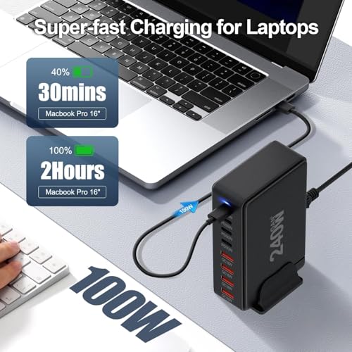 Image of TECHBLAZE 240 W GaN 3 Super Fast Charger Adapter, 8-Port (4 USB A+ 4 Type- C) with PD Technology, Universal for iPhone, Android, MacBook, Type-C Laptops, Compact Multi-Device Charging Solution.