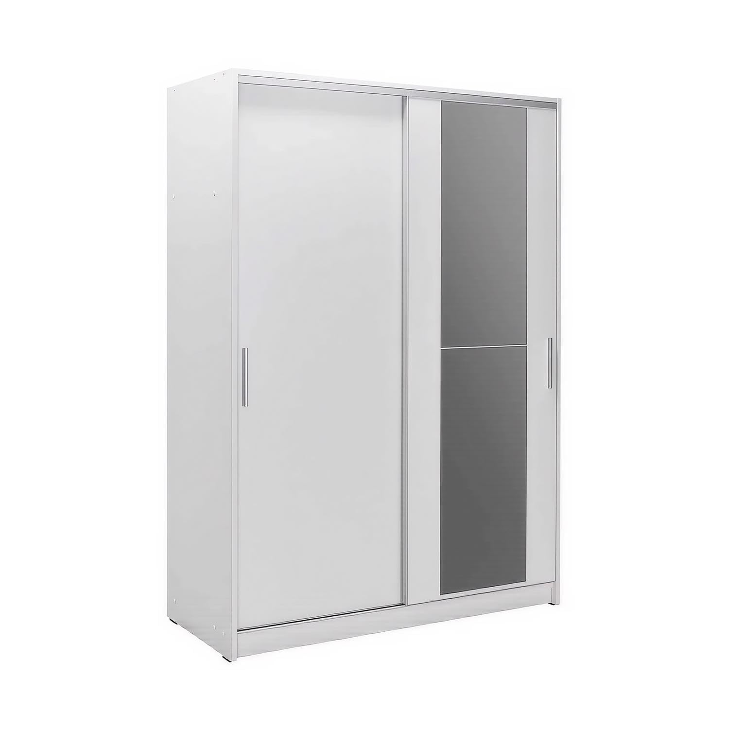 FWStyle 2 Door Mirrored Sliding Wardrobe – Matt White Bedroom Storage with Hanging Rails & Shelves, Space-Saving Sliding Closet with Full-Length Mirror, Organiser for Clothes, Shoes & Accessories