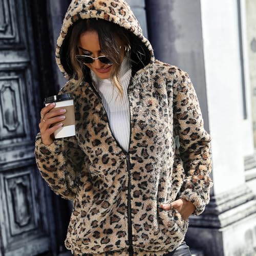 Womens Leopard Sherpa Jacket Fleece Hoodie Zip up Winter Warm Hooded Sweatshirt Fall 2024 Long Sleeve Outfits4