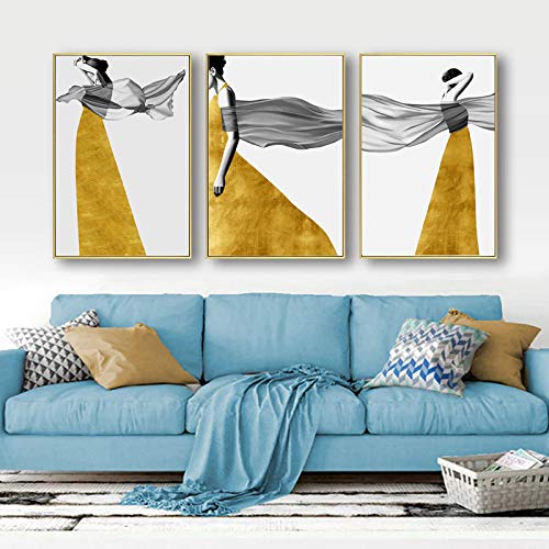 Art mural abstrait triptyque robe dorée de dos toile 40x60 cm pour salon