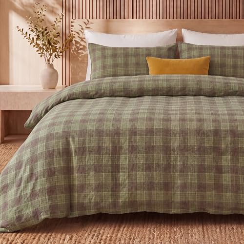 Herside Queen Duvet Cover Set 100% Cotton Double Gauze Green Brown Plaid Muslin Bedding Soft Breathable Rustic Farmhouse Check Bedding Set 3 Pieces