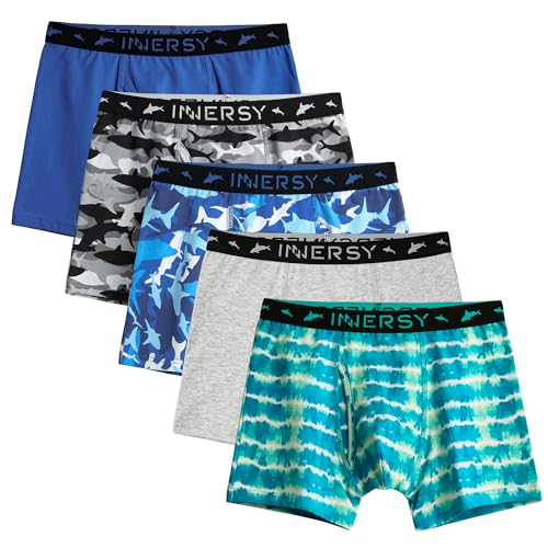 INNERSY Boys Underwear with Opening Fly Cotton Boxer Shorts Sports Underpants Pants Multipack 5 (8-10 Years, Blue/Grey/3 Pattern)