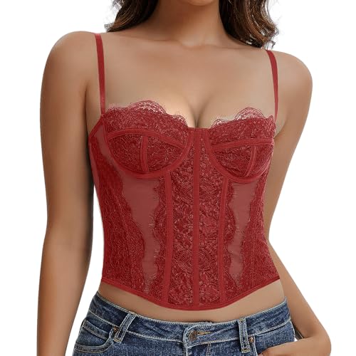 Werkiss Spitzen Korsett Top Damen Vollbrust Corsage mit Träger Corset Tops Sexy Crop Top(Rot XS)