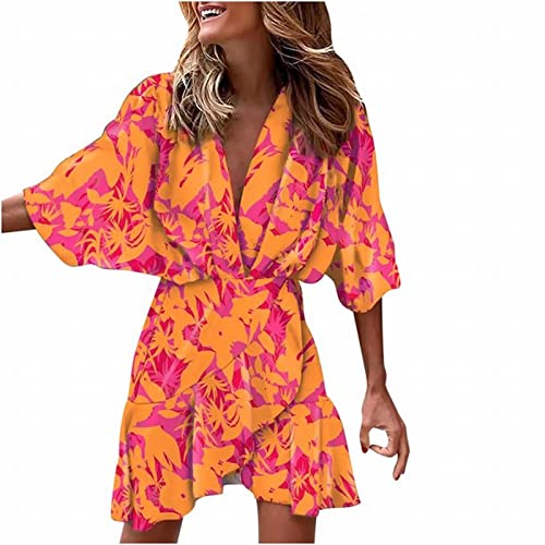 Generisch Vestido de manga larga para mujer, vestido floral con dobladillo irregular, elegante y delgado vestido de flores de gasa con mangas de murciélago, vestido de verano para mujer, naranja, XL