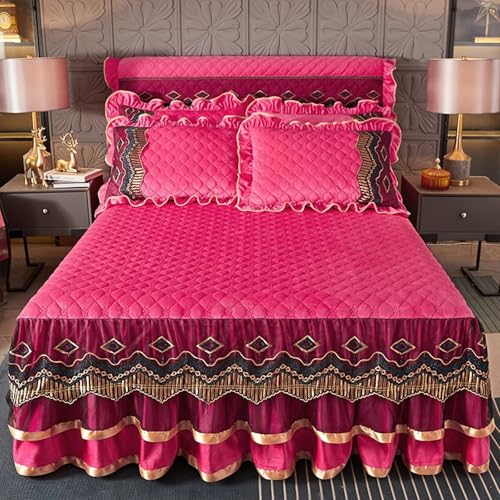 Beydodo Sabanas Bajeras Elásticas 150 x 200 CM,Terciopelo Protector Bajera Cama Patrón de Encaje Bordado con Color Sólido Roja Rosa