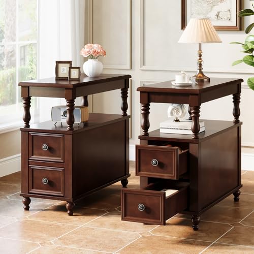 Tribesigns Wood End Table with 2 Drawers, Mid-Century Wooden Slim Side Table Nightstands with Storage Shelf, Accent Table for Living Room, Easy to Assemble (2)