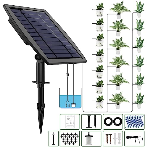 Solar Automatic Drip Irrigation Kit System, Solar Powered Auto Easy DIY Watering Device Supported Pots Plants, 12 Timing Modes with Anti-Siphoning Device (Supported 20-30 Pots, 12Timing Modes)