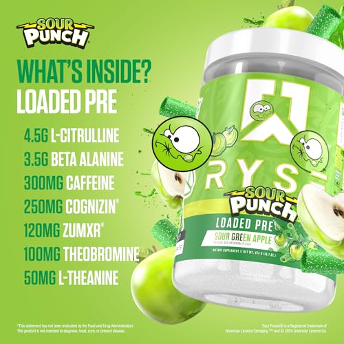Image of RYSE Loaded Pre Workout Powder - Sour Punch Green Apple - Daily Pre-Workout for Men & Women with 390mg Caffeine, Beta Alanine, and Citrulline for Pump, Focus, and Energy - 30 Servings