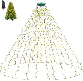 Dekofun 400 LED Christmas Tree Lights with Ring 2m x 16 Strands Christmas Tree Net Lights Mains Powered, 8 Modes Outdoor Waterproof Waterfall String Lights for Xmas Tree Decorations - Warm White