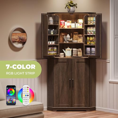 Image of Dripex 71 inch Corner Cabinet Brown, Farmhouse Kitchen Pantry Cabinet with Doors Storage & Adjustable Shelves, Tall Corner Storage Cabinet with LED Light, Food Pantry for Living Room, Dining Room