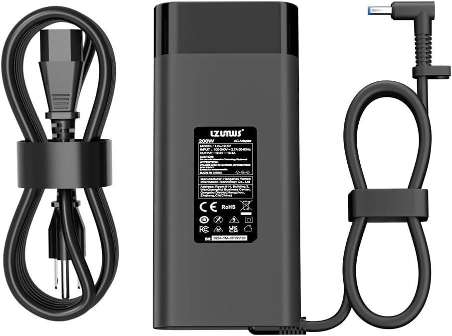 200W AC Adapter for HP Laptop Charger 19.5V/10.3A Power Supply with 4.5x3.0mm Tip Compatible with HP Victus/OMEN 16 /Pavilion Gaming/ZBook Fury/Studio/Envy/ProBook